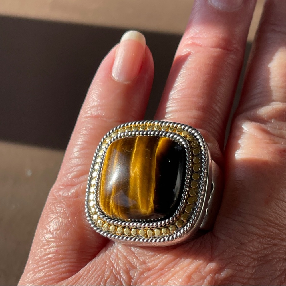 Big beautiful tiger eye sterling silver snd gold plate square ring size 7 - Picture 3 of 9